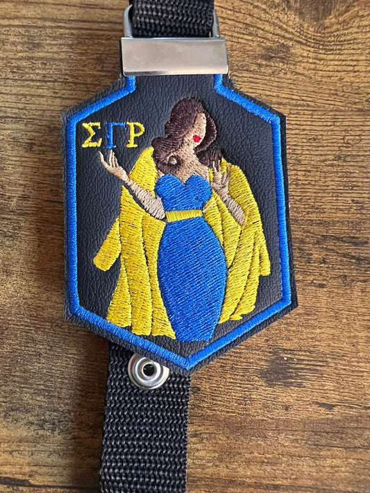 Sigma Gamma Rho Bag Tag (Tan) Strap Blue Border BUY NOW